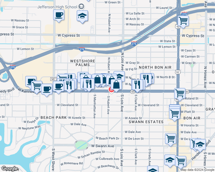 map of restaurants, bars, coffee shops, grocery stores, and more near 4313c West Kennedy Boulevard in Tampa