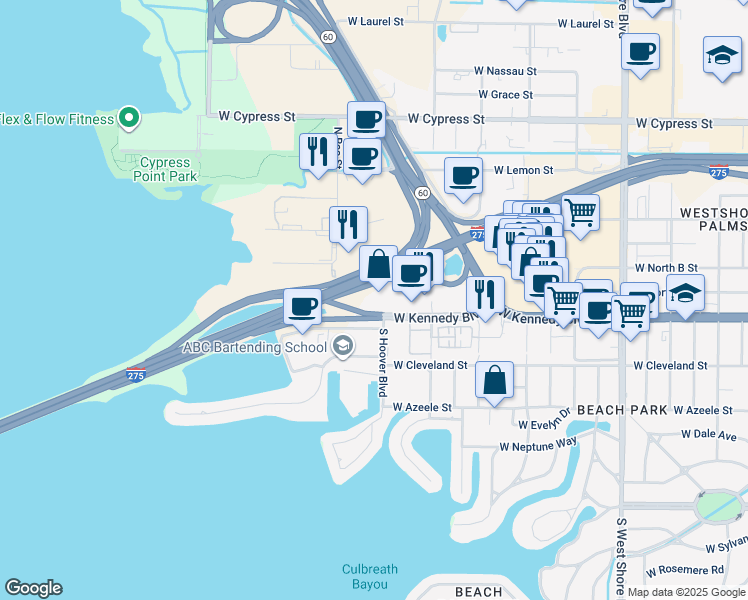 map of restaurants, bars, coffee shops, grocery stores, and more near 5350 West Kennedy Boulevard in Tampa
