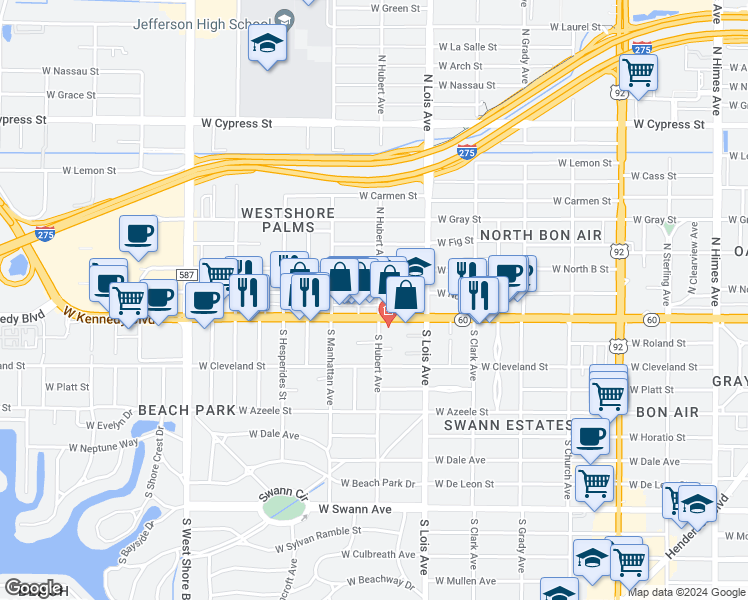 map of restaurants, bars, coffee shops, grocery stores, and more near 4313c West Kennedy Boulevard in Tampa