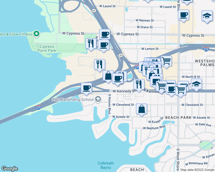 map of restaurants, bars, coffee shops, grocery stores, and more near 5401 West Kennedy Boulevard in Tampa