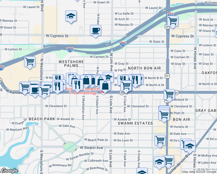 map of restaurants, bars, coffee shops, grocery stores, and more near 4227 West Kennedy Boulevard in Tampa