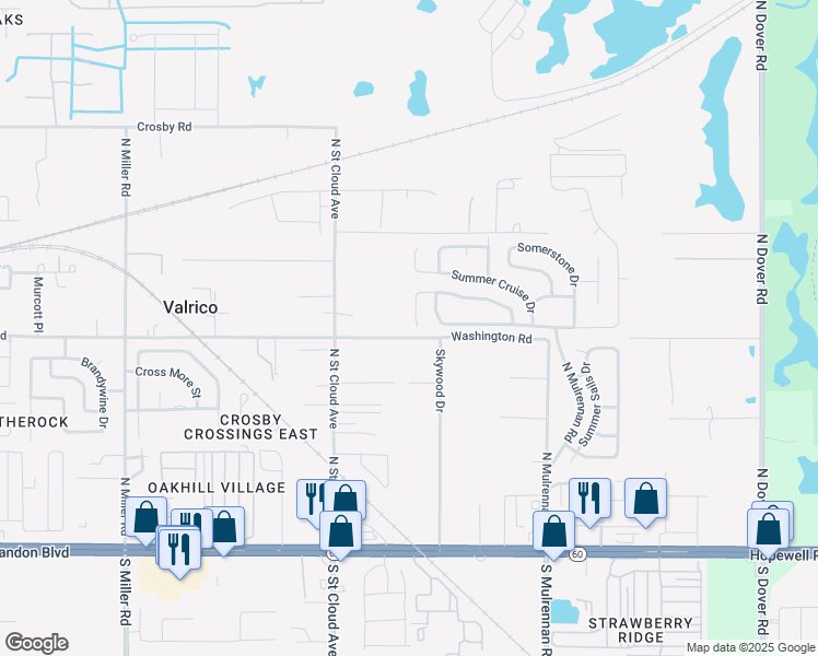 map of restaurants, bars, coffee shops, grocery stores, and more near 3027 Washington Road in Valrico