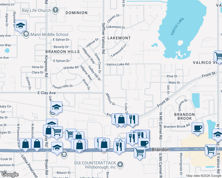 map of restaurants, bars, coffee shops, grocery stores, and more near 413 Seffner Valrico Road in Valrico