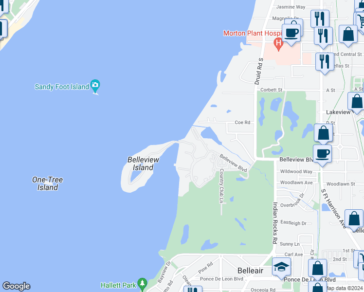 map of restaurants, bars, coffee shops, grocery stores, and more near 2 Seaside Lane in Belleair