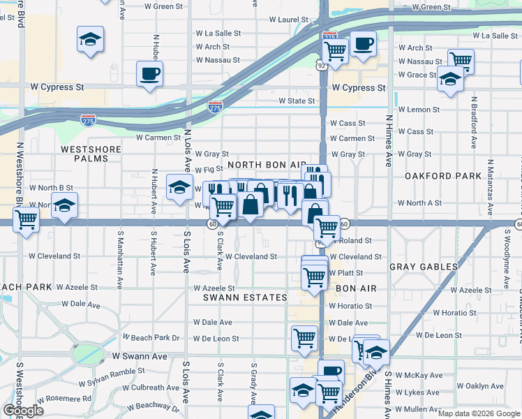map of restaurants, bars, coffee shops, grocery stores, and more near 3925 West Kennedy Boulevard in Tampa