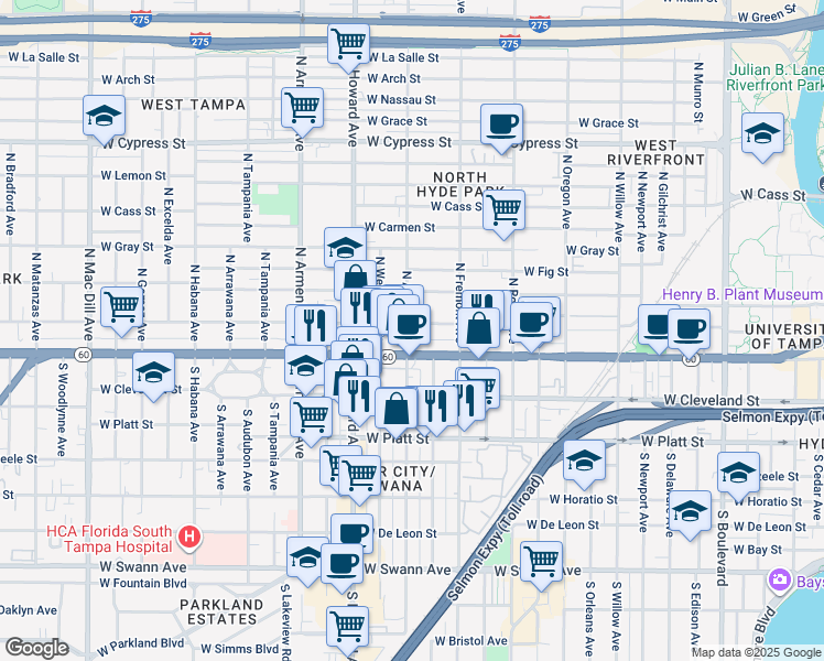 map of restaurants, bars, coffee shops, grocery stores, and more near 2009 West Kennedy Boulevard in Tampa