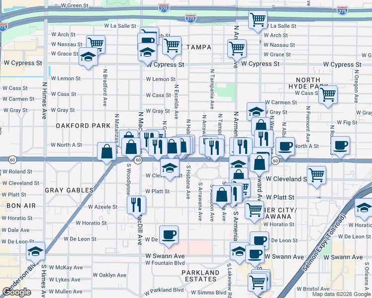 map of restaurants, bars, coffee shops, grocery stores, and more near 2811 West Kennedy Boulevard in Tampa