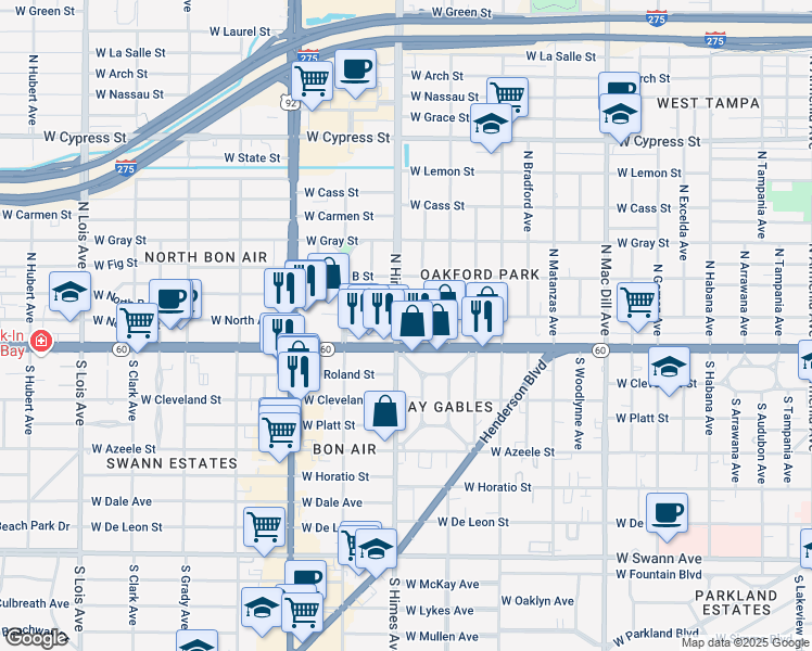 map of restaurants, bars, coffee shops, grocery stores, and more near in Tampa