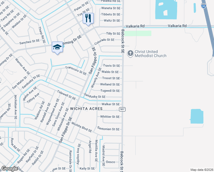 map of restaurants, bars, coffee shops, grocery stores, and more near 1620 Tugwell Street Southeast in Palm Bay