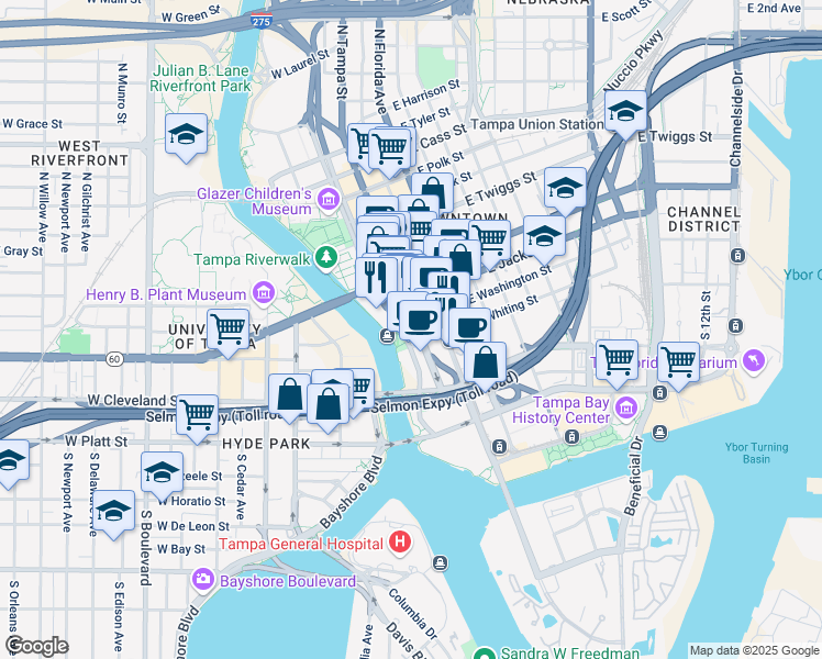 map of restaurants, bars, coffee shops, grocery stores, and more near 100 Ashley Drive South in Tampa