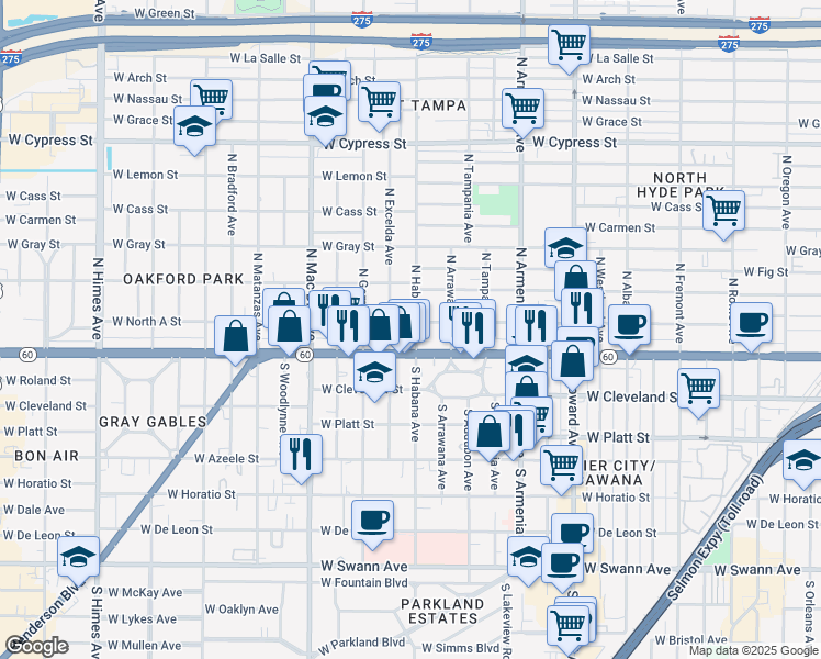 map of restaurants, bars, coffee shops, grocery stores, and more near 2811 West Kennedy Boulevard in Tampa