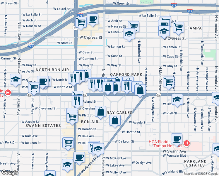map of restaurants, bars, coffee shops, grocery stores, and more near 3407 West Kennedy Boulevard in Tampa