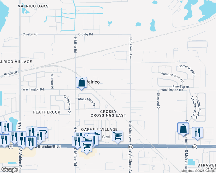 map of restaurants, bars, coffee shops, grocery stores, and more near 2709 Washington Road in Valrico