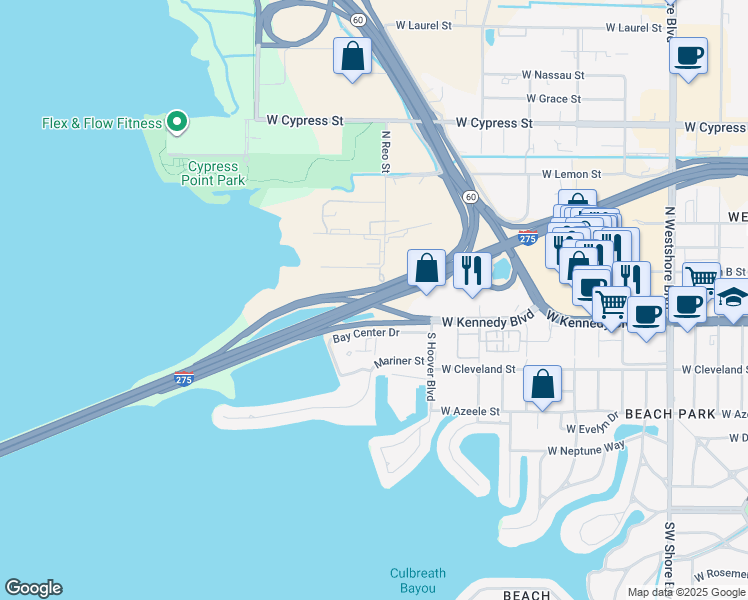 map of restaurants, bars, coffee shops, grocery stores, and more near Florida 93 in Tampa