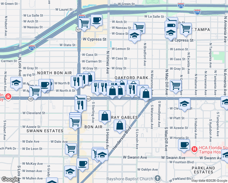 map of restaurants, bars, coffee shops, grocery stores, and more near 3418 West North A Street in Tampa