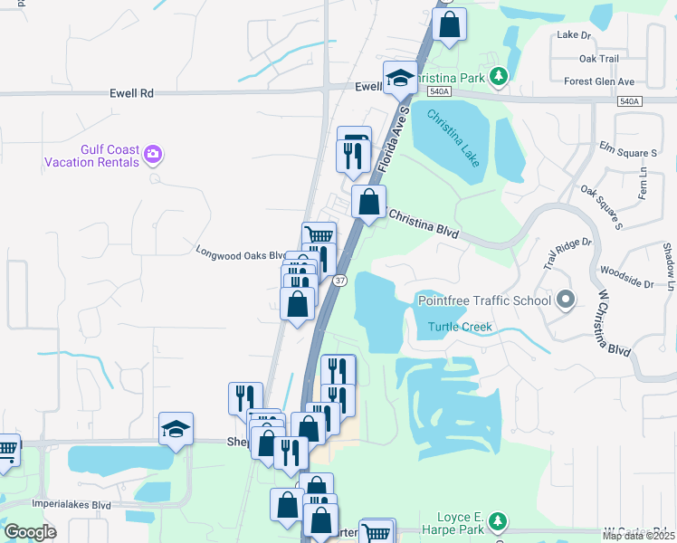map of restaurants, bars, coffee shops, grocery stores, and more near 6721 Florida Avenue South in Lakeland