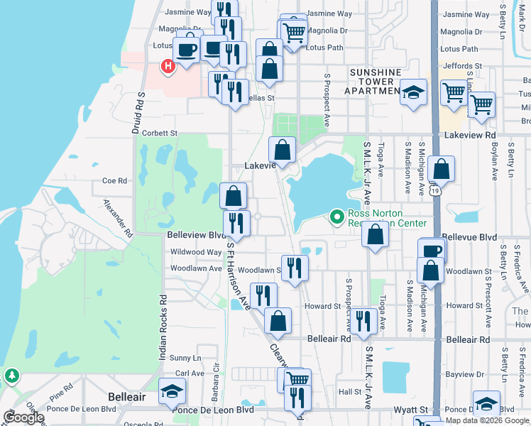 map of restaurants, bars, coffee shops, grocery stores, and more near 604 McLennan Street in Clearwater