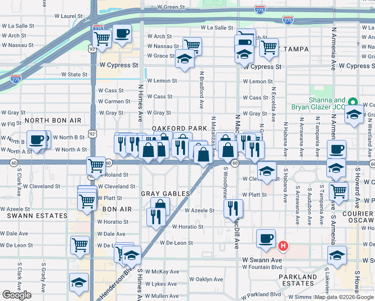 map of restaurants, bars, coffee shops, grocery stores, and more near in Tampa