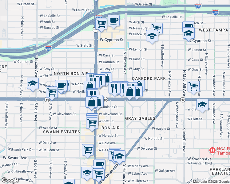 map of restaurants, bars, coffee shops, grocery stores, and more near 3635 West Kennedy Boulevard in Tampa