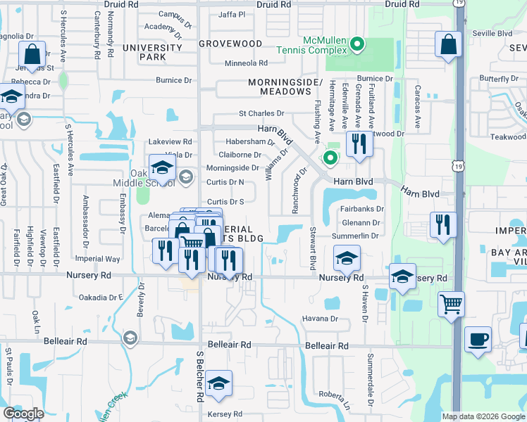 map of restaurants, bars, coffee shops, grocery stores, and more near 1381 Williams Court in Clearwater