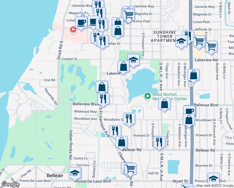 map of restaurants, bars, coffee shops, grocery stores, and more near 625 McLennan Street in Clearwater