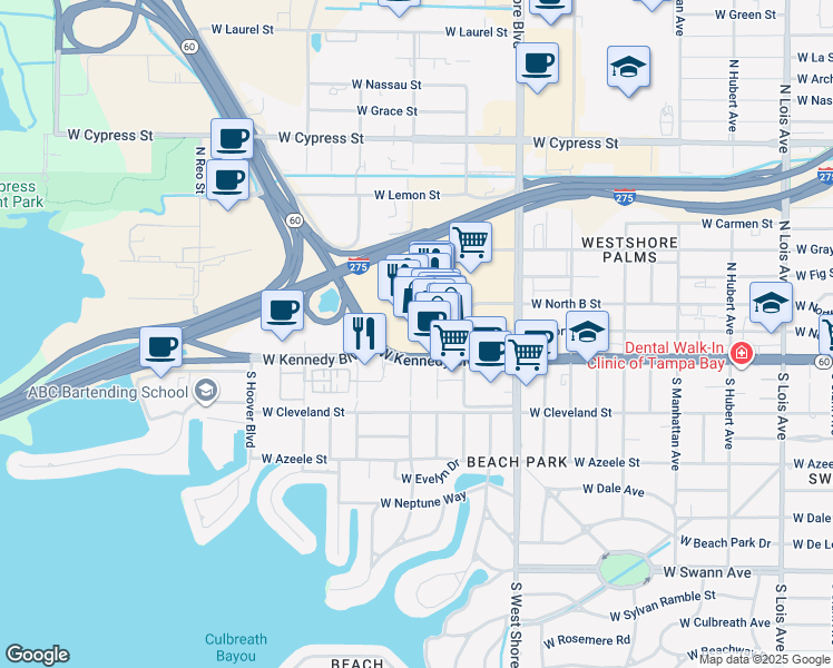 map of restaurants, bars, coffee shops, grocery stores, and more near 201 Westshore Plaza in Tampa
