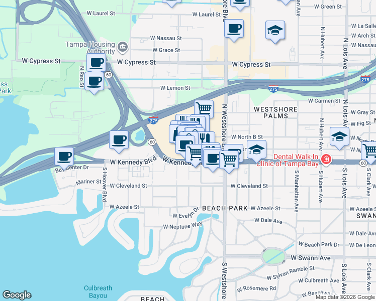 map of restaurants, bars, coffee shops, grocery stores, and more near 1111 Westshore Plaza in Tampa