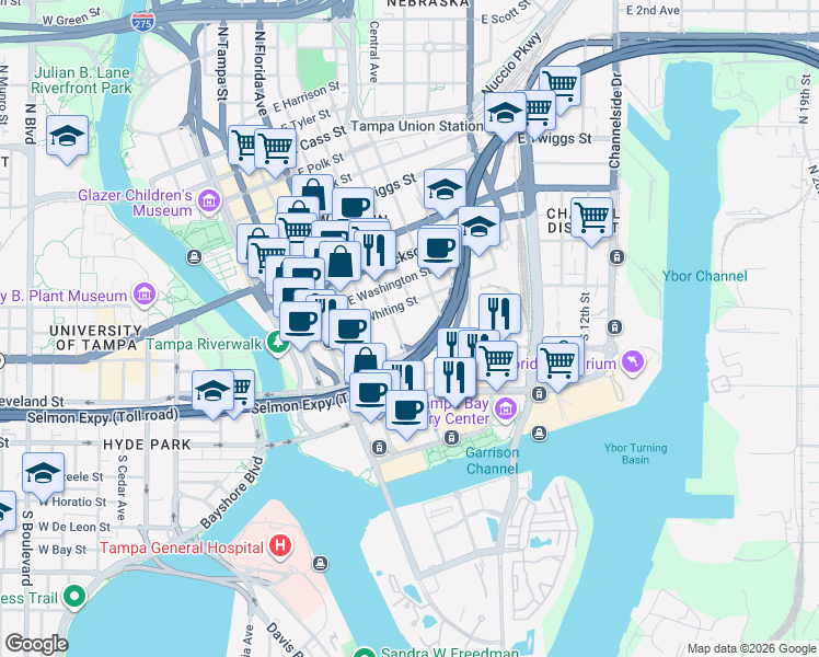 map of restaurants, bars, coffee shops, grocery stores, and more near 124 South Morgan Street in Tampa