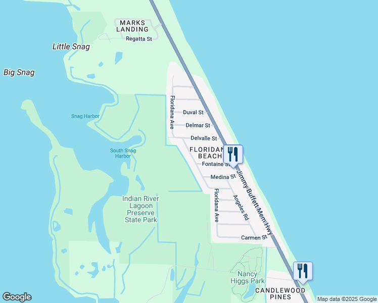 map of restaurants, bars, coffee shops, grocery stores, and more near 6601 Floridana Avenue in Melbourne Beach