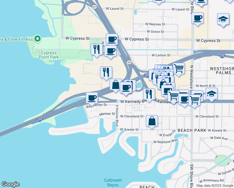 map of restaurants, bars, coffee shops, grocery stores, and more near 5401 West Kennedy Boulevard in Tampa