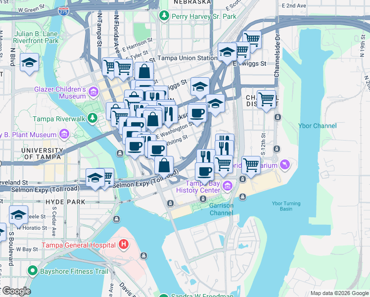map of restaurants, bars, coffee shops, grocery stores, and more near 124 South Morgan Street in Tampa