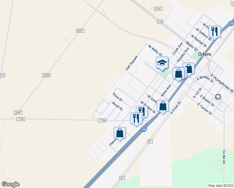 map of restaurants, bars, coffee shops, grocery stores, and more near 531 Vista Drive in Odem