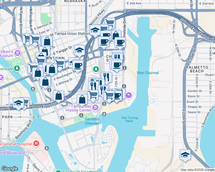 map of restaurants, bars, coffee shops, grocery stores, and more near 1216 East Cumberland Avenue in Tampa