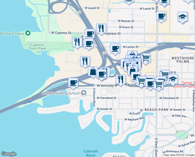 map of restaurants, bars, coffee shops, grocery stores, and more near 5401 West Kennedy Boulevard in Tampa