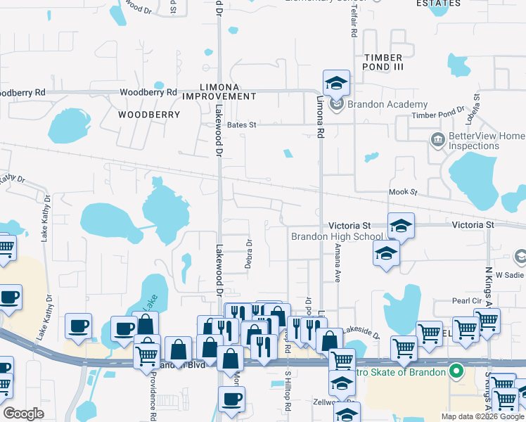 map of restaurants, bars, coffee shops, grocery stores, and more near 1527 Deer Tree Lane in Brandon