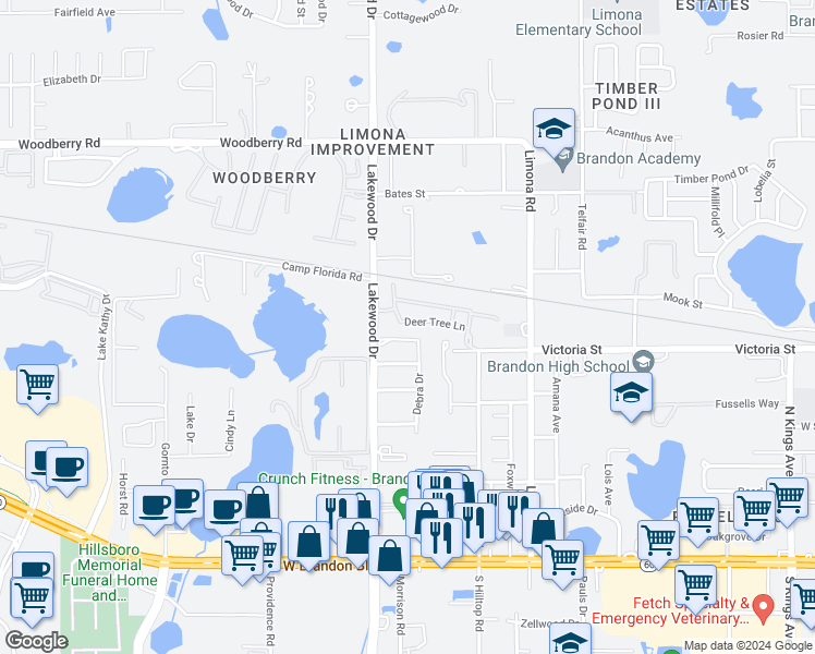 map of restaurants, bars, coffee shops, grocery stores, and more near 1561 Deer Tree Lane in Brandon