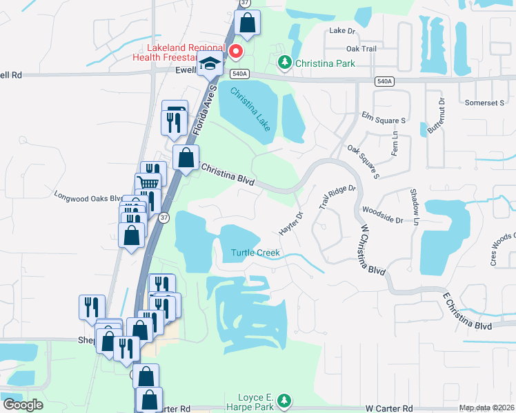 map of restaurants, bars, coffee shops, grocery stores, and more near 6520 Lake Clark Drive in Lakeland