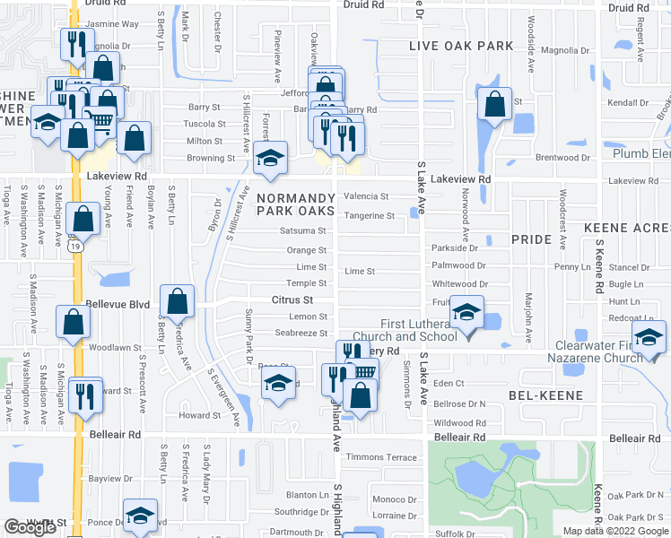 map of restaurants, bars, coffee shops, grocery stores, and more near 1503 Orange Street in Clearwater