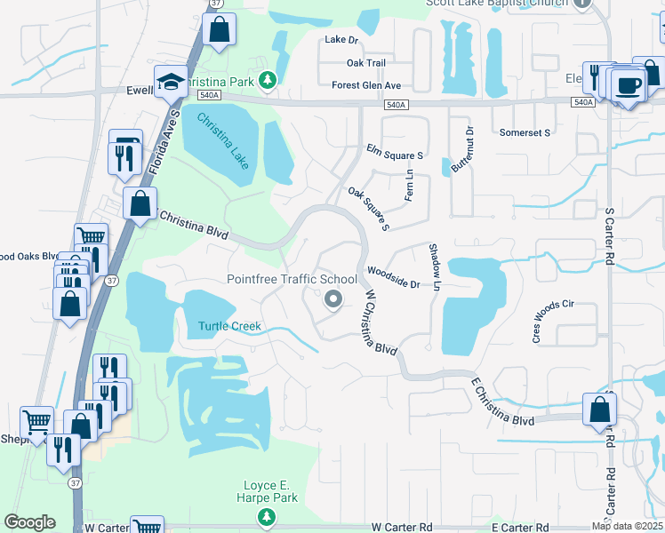 map of restaurants, bars, coffee shops, grocery stores, and more near 6552 Trail Ridge Drive in Lakeland