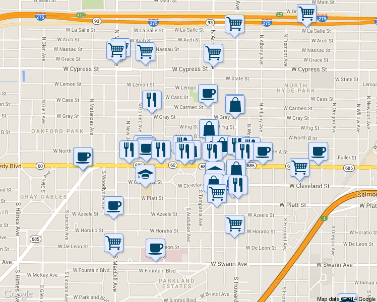 map of restaurants, bars, coffee shops, grocery stores, and more near 214 North Tampania Avenue in Tampa