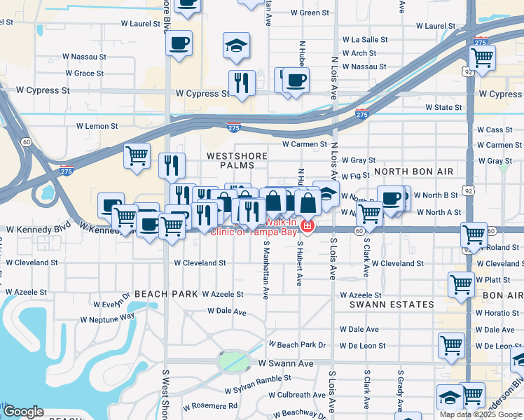 map of restaurants, bars, coffee shops, grocery stores, and more near 110 North Manhattan Avenue in Tampa