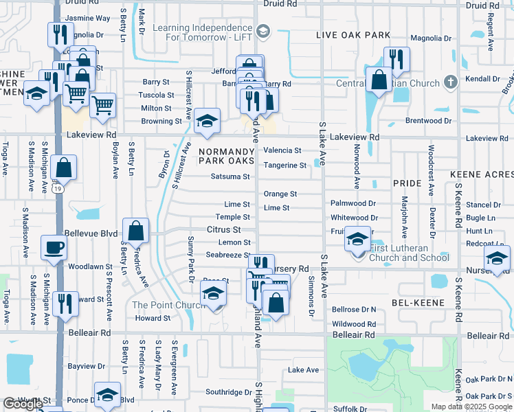 map of restaurants, bars, coffee shops, grocery stores, and more near 1503 Orange Street in Clearwater