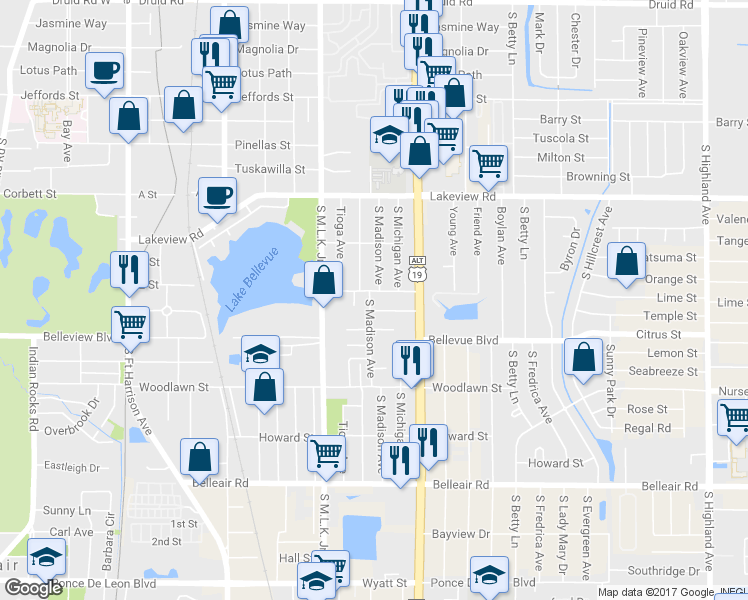 map of restaurants, bars, coffee shops, grocery stores, and more near 1140 Kingsley Street in Clearwater