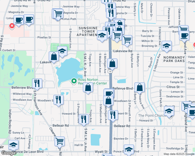 map of restaurants, bars, coffee shops, grocery stores, and more near 1140 Kingsley Street in Clearwater