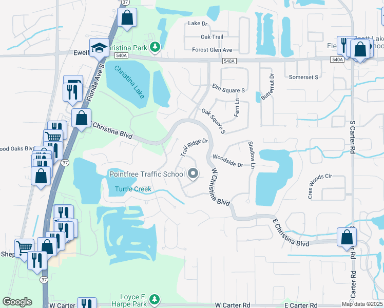 map of restaurants, bars, coffee shops, grocery stores, and more near 6552 Trail Ridge Drive in Lakeland