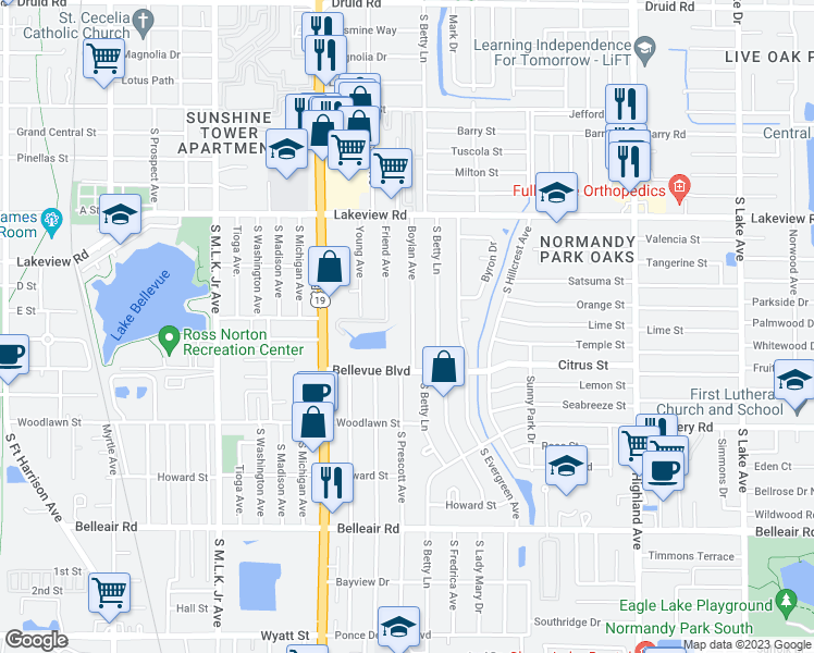 map of restaurants, bars, coffee shops, grocery stores, and more near 1404 Boylan Avenue in Clearwater