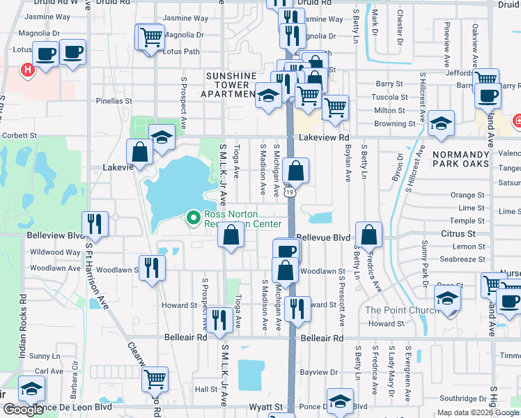 map of restaurants, bars, coffee shops, grocery stores, and more near 1140 Kingsley Street in Clearwater