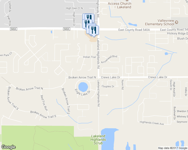 map of restaurants, bars, coffee shops, grocery stores, and more near 2128 Broken Arrow Trail North in Lakeland