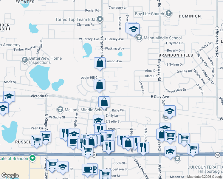 map of restaurants, bars, coffee shops, grocery stores, and more near 512 Camino Real Court in Brandon