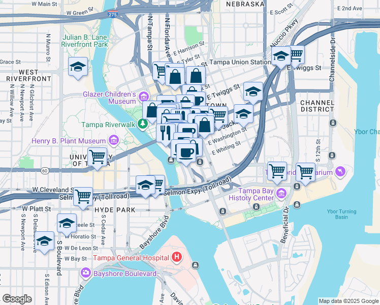 map of restaurants, bars, coffee shops, grocery stores, and more near 211 North Tampa Street in Tampa